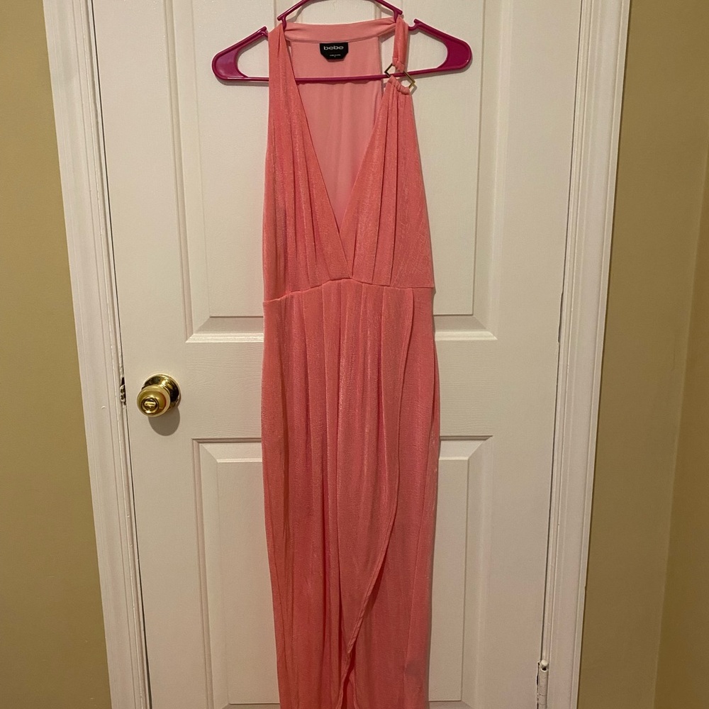 Bebe slinky asymmetrical halter neck dress.